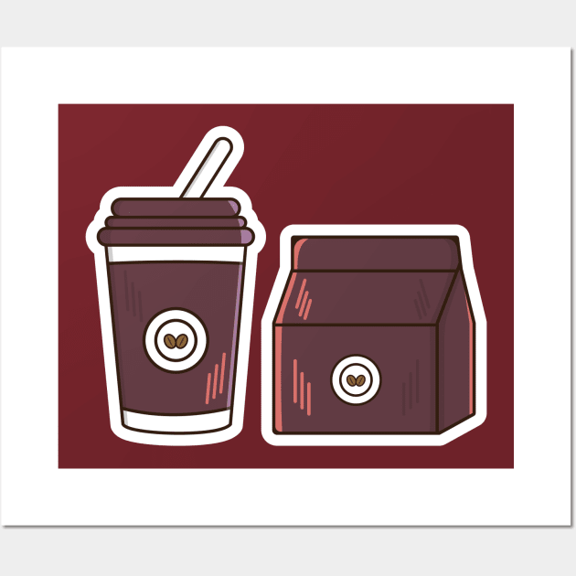 Delivery coffee paper bag with hot coffee cup vector icon illustration. Food and drink object icon design concept. Happy breakfast, Drink objects, Hot coffee, Coffee delivery, Beans icon, Paper bag. Wall Art by AlviStudio